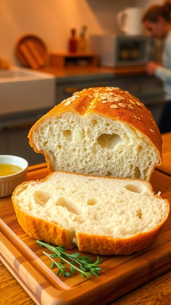 Easy Bread Machine Yeast Bread Recipe A golden-brown loaf of bread on a cutting board with slices showing its fluffy texture, surrounded by herbs and olive oil.